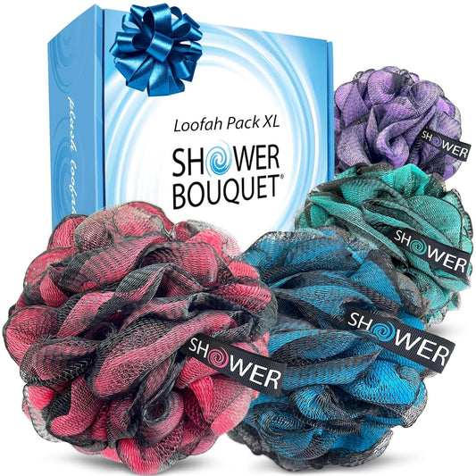 Loofah-Charcoal Bath-Sponge-Color-Set Xl-75G Extra Large 4 Pack, Soft Mesh Black Loufa Puff - Exfoliating Body Scrubber for Women and Men: Soothing Face & Body Exfoliator